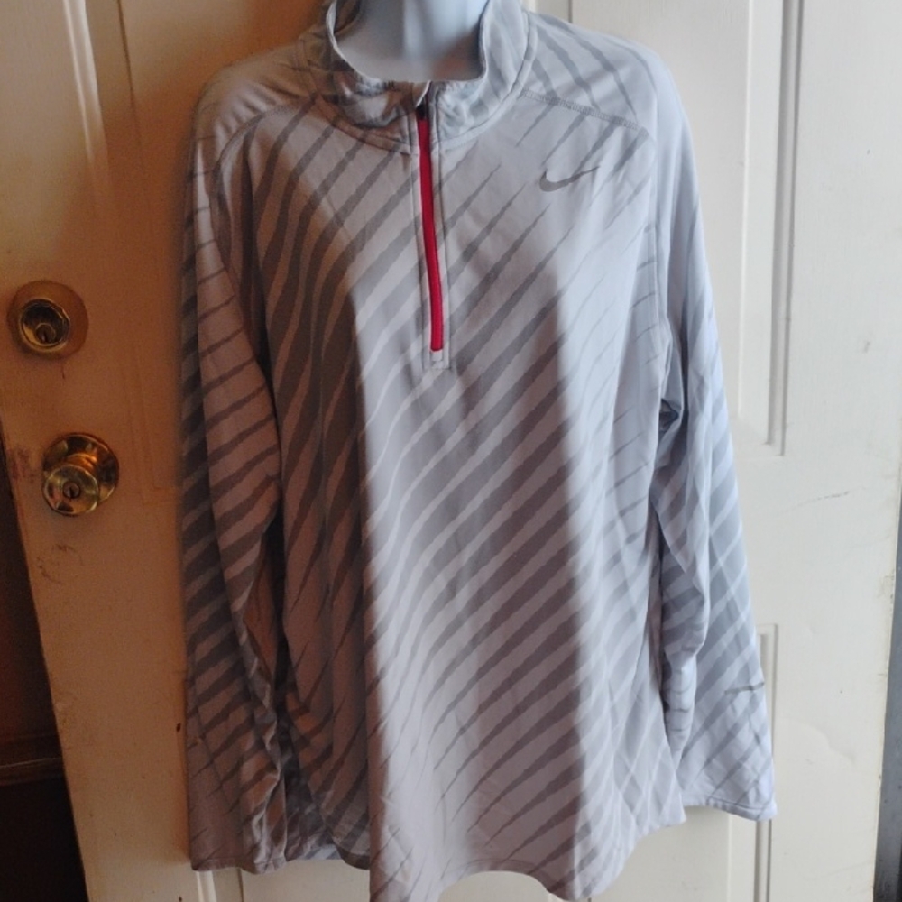 Nike Light Gray and Red Striped Quarter-Zip Top